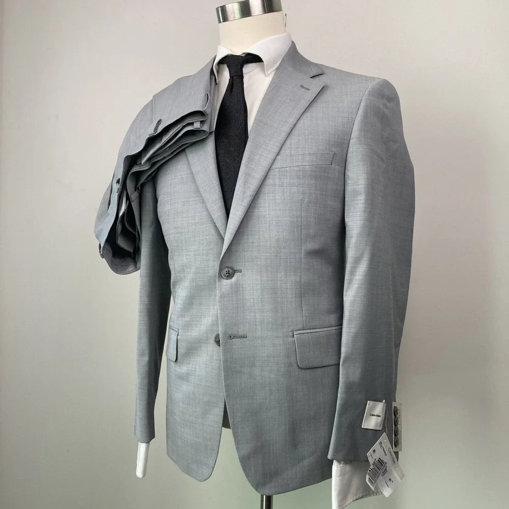 Calvin Klein Men's 2-pc Slim Fit Suit Jacket 42S Pants‎ 38W 32L Wool Blend Grey